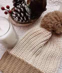 Soft Chunky Knit Two-Tone Hat With Pom Pom And Solid Color Beanie With Pom Pom And Cuff